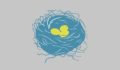 A blue nest filled with green eggs.