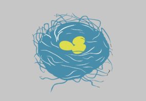 A blue nest filled with green eggs.