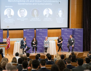 Panelists on NYU InnovateESG 2023's covering benchmarking US and global commitments to governance and sustainability. From left to right: Bill Ferguson, Sairah Burki, Leah Fisher, Dana Roffman and Gunnar Branson.