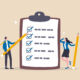 Task checklist, clipboard with to do list checkmark, task management to track work completion, accomplishment, survey or questionnaire concept, business people with pencil and checklist clipboard.