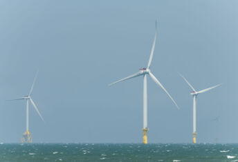 Miaoli, Taiwan- September 26, 2023: View of the Offshore wind power systems off the western coast of Taiwan.