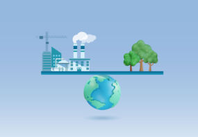 More private equity-backed companies take a clear stance on net zero World on balance bar between industrial buildings and forest