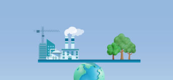 World on balance bar between industrial buildings and forest
