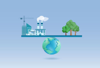 More private equity-backed companies take a clear stance on net zero World on balance bar between industrial buildings and forest