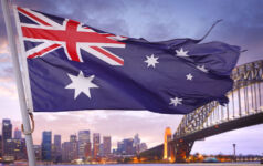 Australian flag waving over Sydney