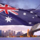 Australian flag waving over Sydney
