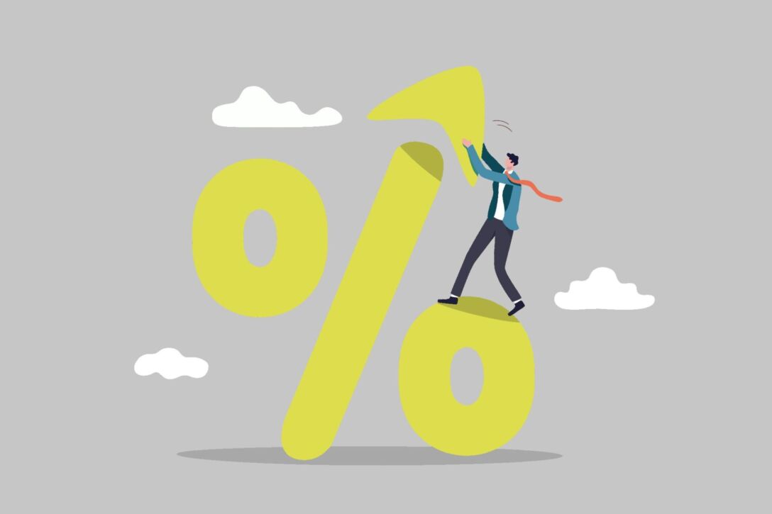 NPM percent percentage An illustration of a percentaeg symbol being assembled by a man