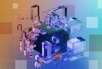 Floating translucent boxes isometrically arranged around a cube of grass, for the Private Markets 2030 Sustainability theme