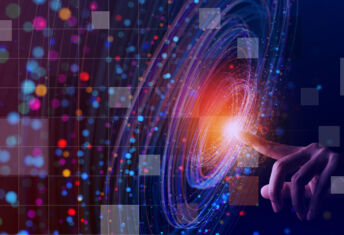 Finger points and interacts with a spiral of electronic data, for the Private Markets 2030 Artificial Intelligence theme