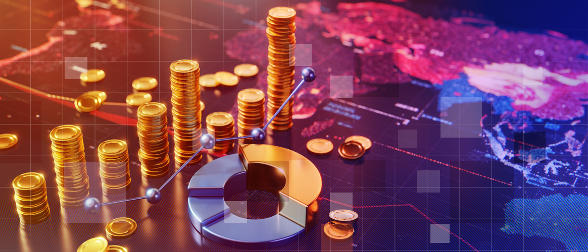 Piles of coins in a line stand besidge a doughnut chart upon a map of the world, for the Private Markets 2030 Public Markets theme