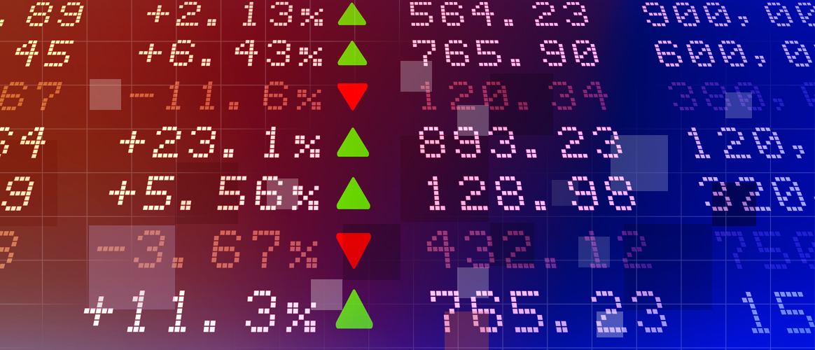 Listed stock exchange tickers display rising and falling prices, for the Private Markets 2030 Public Markets theme