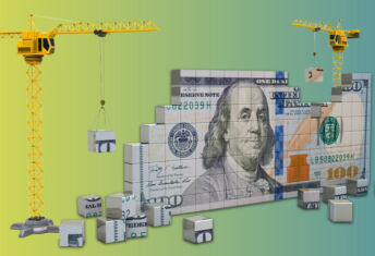 In brief: Impact firms seek capital for fund finance JV Graphic of a crane using building blocks to construct a $100 bill.
