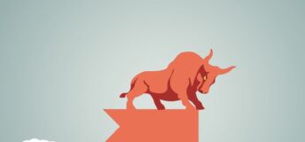 bullish, bull on up arrow, bull, NPM red