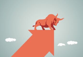 bullish, bull on up arrow, bull, NPM red