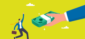 Illustration of a large hand giving a stack of cash to an excited business person.