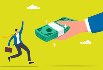 Illustration of a large hand giving a stack of cash to an excited business person.
