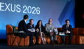 PEI's Adam Le on stage at the NEXUS 2026 conference with Stefan Fallgren of Skandia Mutual Life Insurance Company, Geeta Kapadia of Fordham University, Mike Lazorik of Teacher Retirement System of Texas and Jacob Shu of University Pension Plan Ontario (left to right)