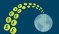 Image of coins with different currencies going towards the Earth.