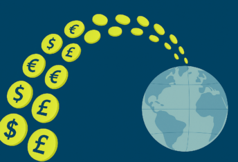 Image of coins with different currencies going towards the Earth.