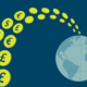 Image of coins with different currencies going towards the Earth.